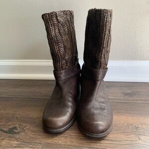 Stuart Weitzman Brown Pimlico Coated Knit Leather Mid Calf Boots/Booties